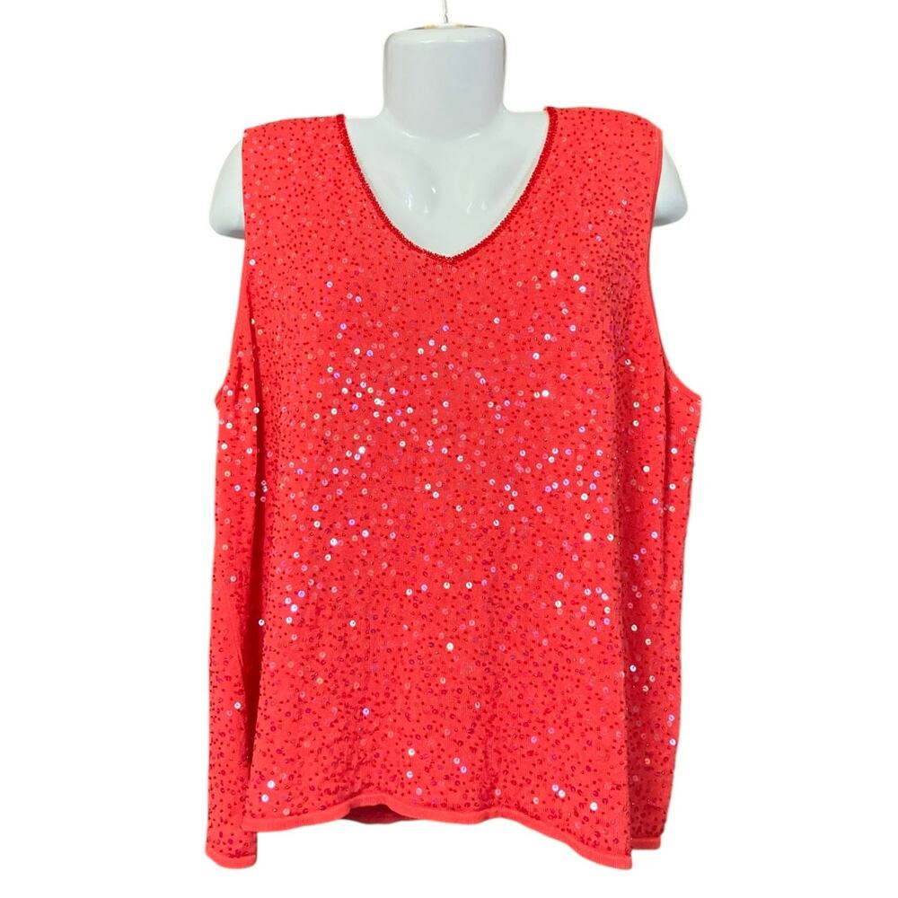 Talbots Womens Coral Silk Blend Sequined Sparkly V-Neck Sleeveless Sweater SZ 3X